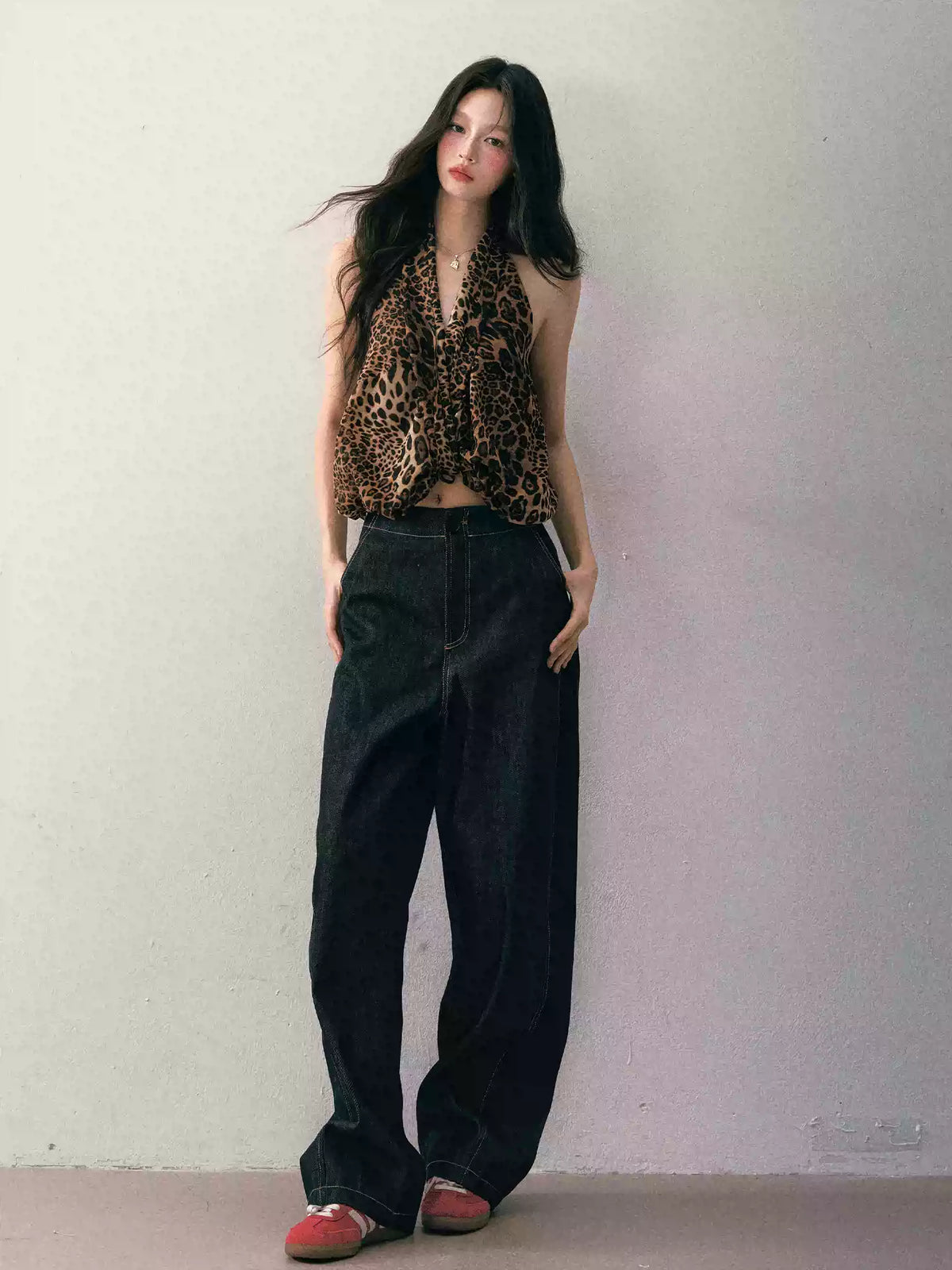 1P - Leopard Print Halter V-Neck Knot Top