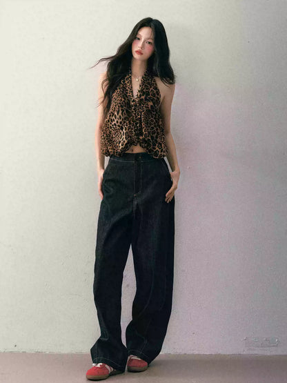 1P - Leopard Print Halter V-Neck Knot Top