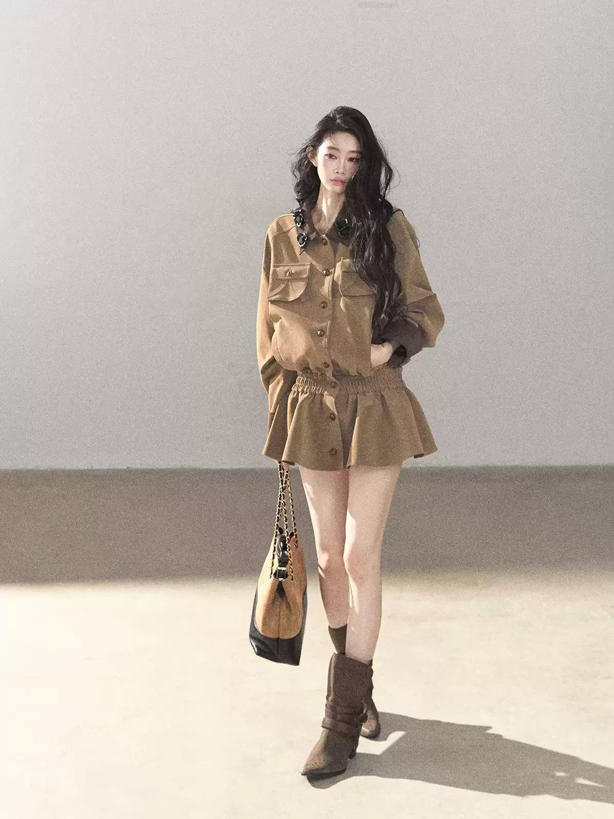 AOMALM - Gray-Brown PU Jacket and High-Waisted Shorts Set