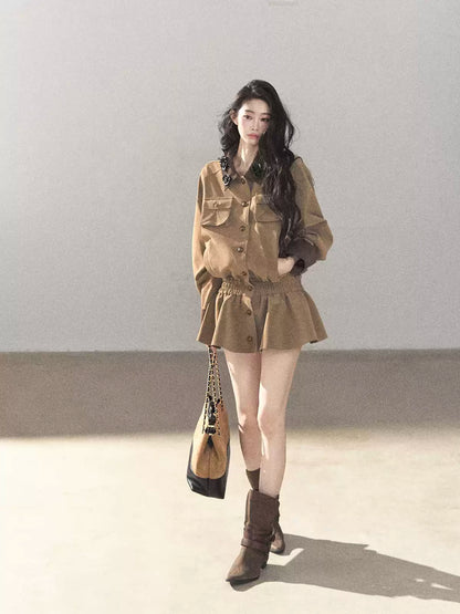 AOMALM - Gray-Brown PU Jacket and High-Waisted Shorts Set