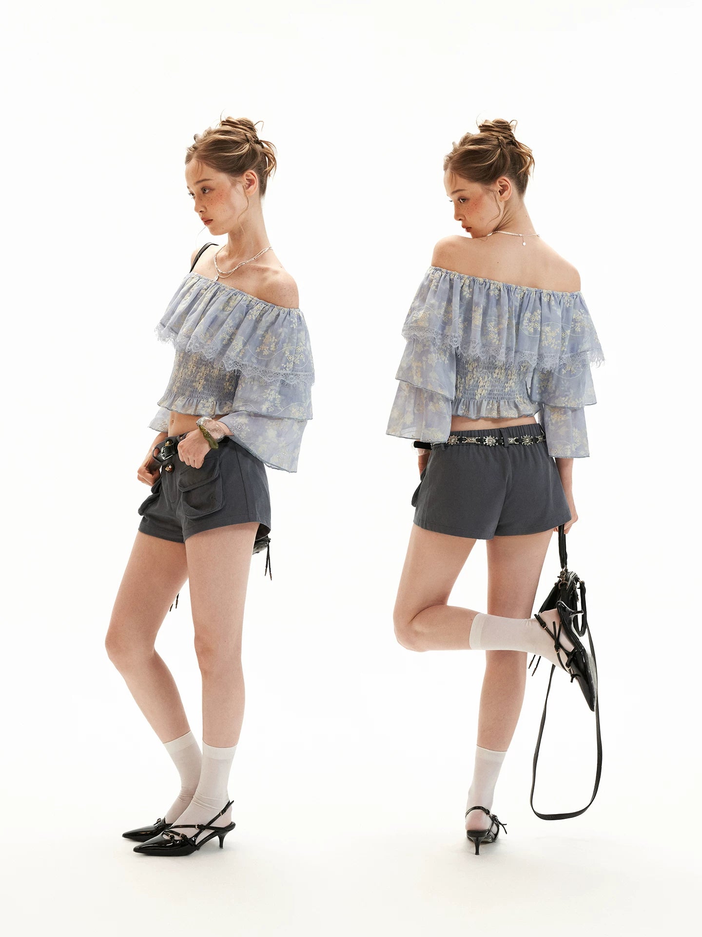 Lavender Floral Off-Shoulder Ruffle Crop Top
