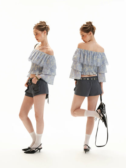 Lavender Floral Off-Shoulder Ruffle Crop Top