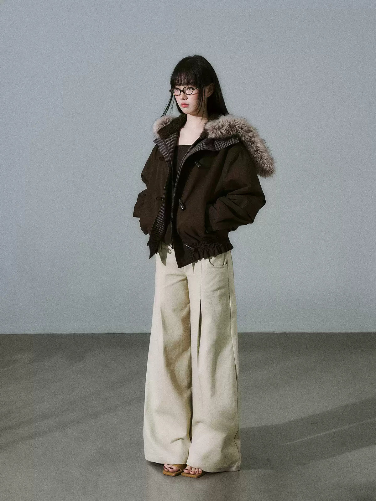 LOST FOREST - Dark Brown Plaid-Panel Cotton Utility Jacket with Detachable Faux-Fur Collar