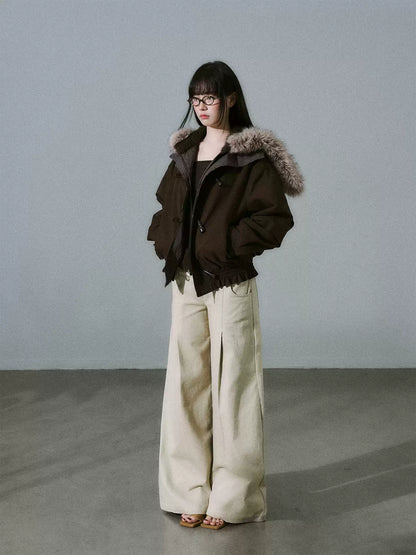 LOST FOREST - Dark Brown Plaid-Panel Cotton Utility Jacket with Detachable Faux-Fur Collar