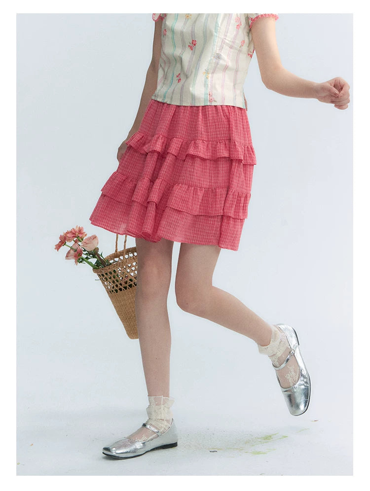 "Peach Blossom" Plum Pink Plaid Tiered A-Line Skirt