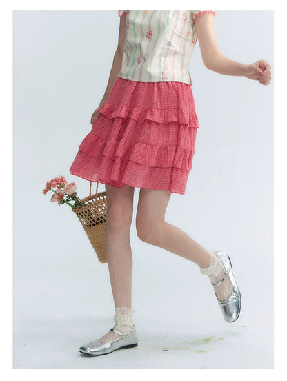 "Peach Blossom" Plum Pink Plaid Tiered A-Line Skirt