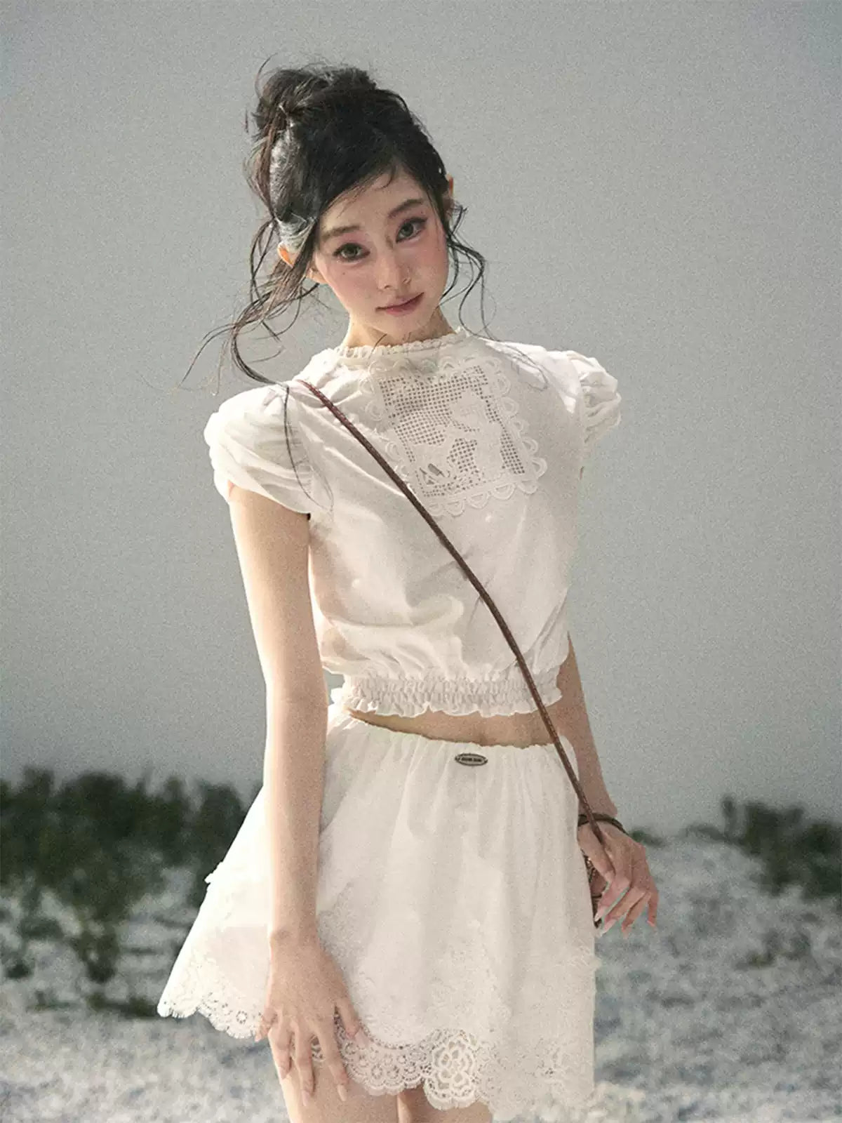 "Rose Petals in Secret" Cloud White Lace Two-Piece Skirt Set 142453