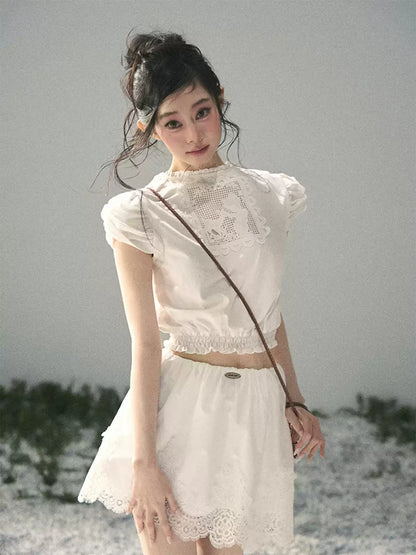 "Rose Petals in Secret" Cloud White Lace Two-Piece Skirt Set 142453