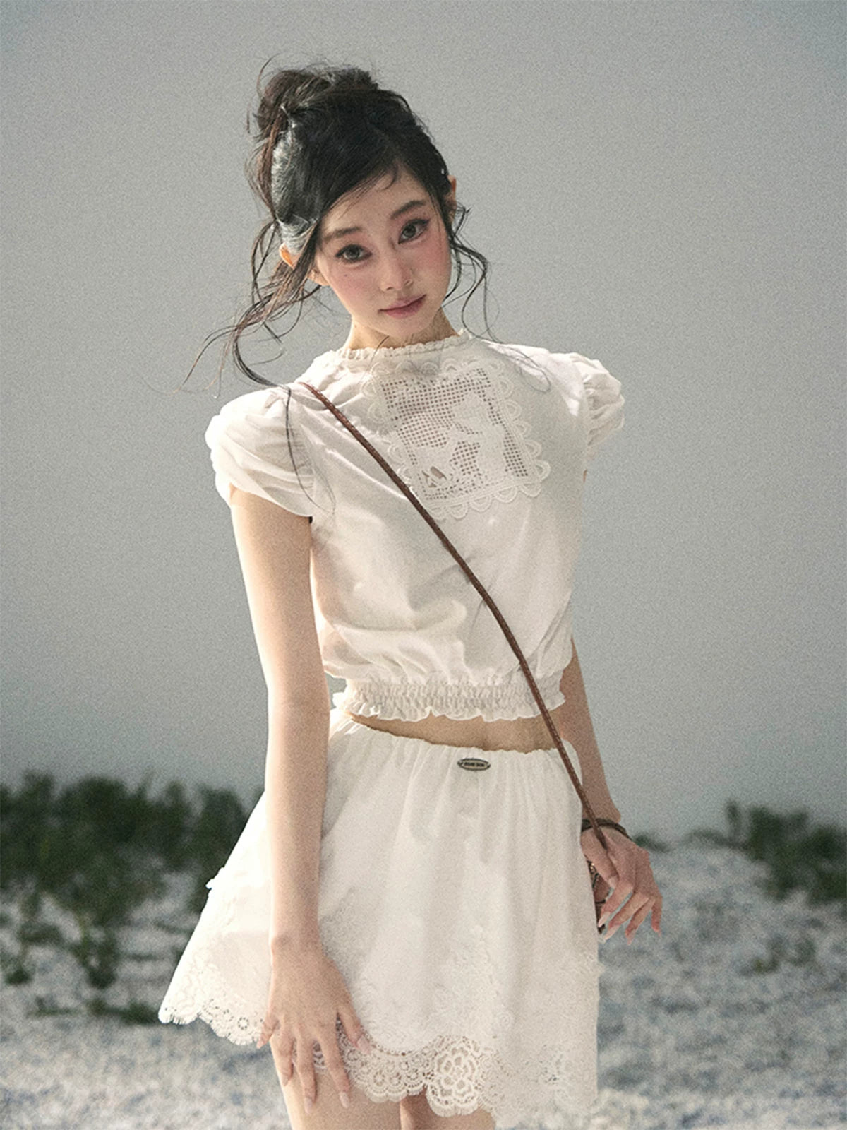 "Rose Petals in Secret" Cloud White Lace Two-Piece Skirt Set 142453