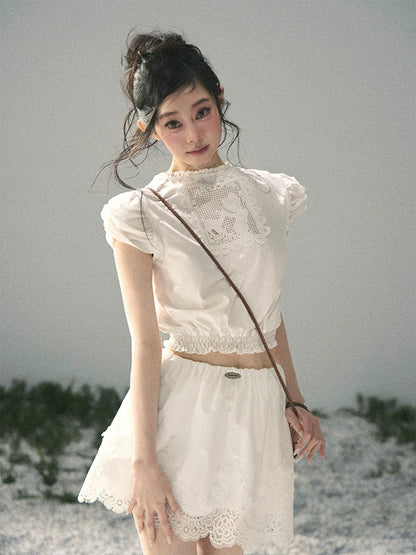 "Rose Petals in Secret" Cloud White Lace Two-Piece Skirt Set 142453