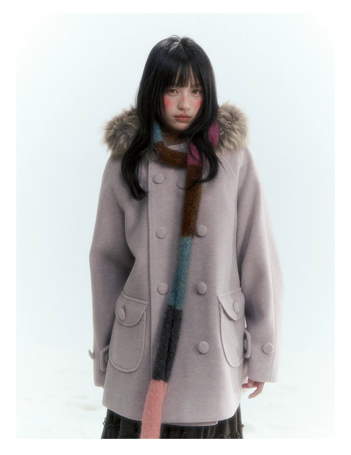 Japanese Hooded Double-Breasted Wool Coat (Deep Charcoal Gray / Taro Purple)