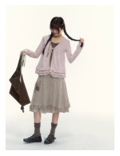 Milk Coffee Vintage Lace Knit A-Line Skirt