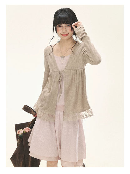 "Roasted Tea Heart" Milk Tea Faux-Layer Lace Cardigan & Skirt Set