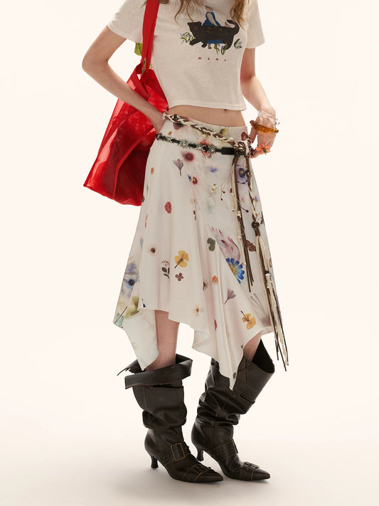 "Poetic Bloom Flow" Asymmetric Satin Panel Midi Skirt WE926