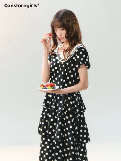 "Midnight Waltz Letter" Black Polka Dot Tiered Dress LL2026225