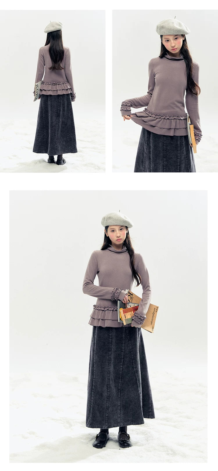 "Lavender Mist" Smoky Mauve Ruffle Ruched Turtleneck Knit Top