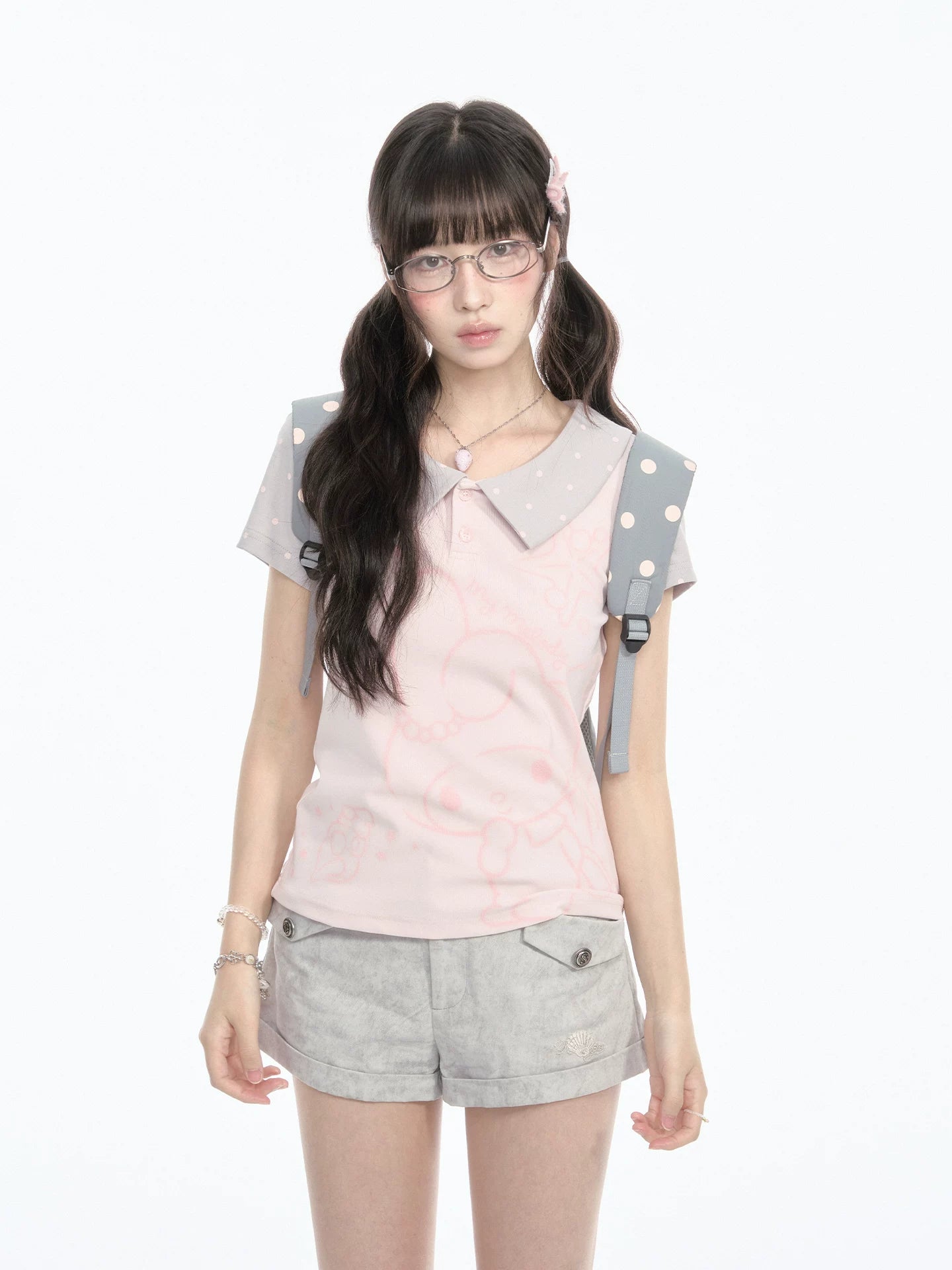 "Sweet Polka Day" Blush Pink Tee & Glacier Gray Shorts Set
