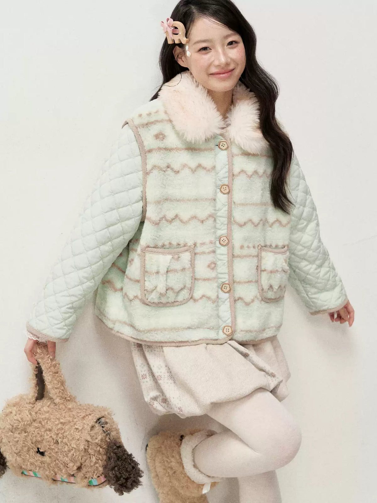RF - Mint Green and Light Brown Fair Isle Quilted Faux Fur Vest Jacket