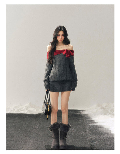 少也眼 "Snowbound Memories" Off-Shoulder Color-Block Knit Mini Dress