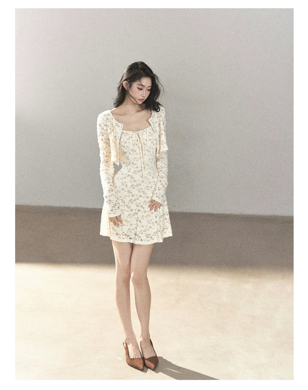 AOMALM - "Moonlight on the Floor" Dutch Cream Lace Cami Dress & Cardigan Set