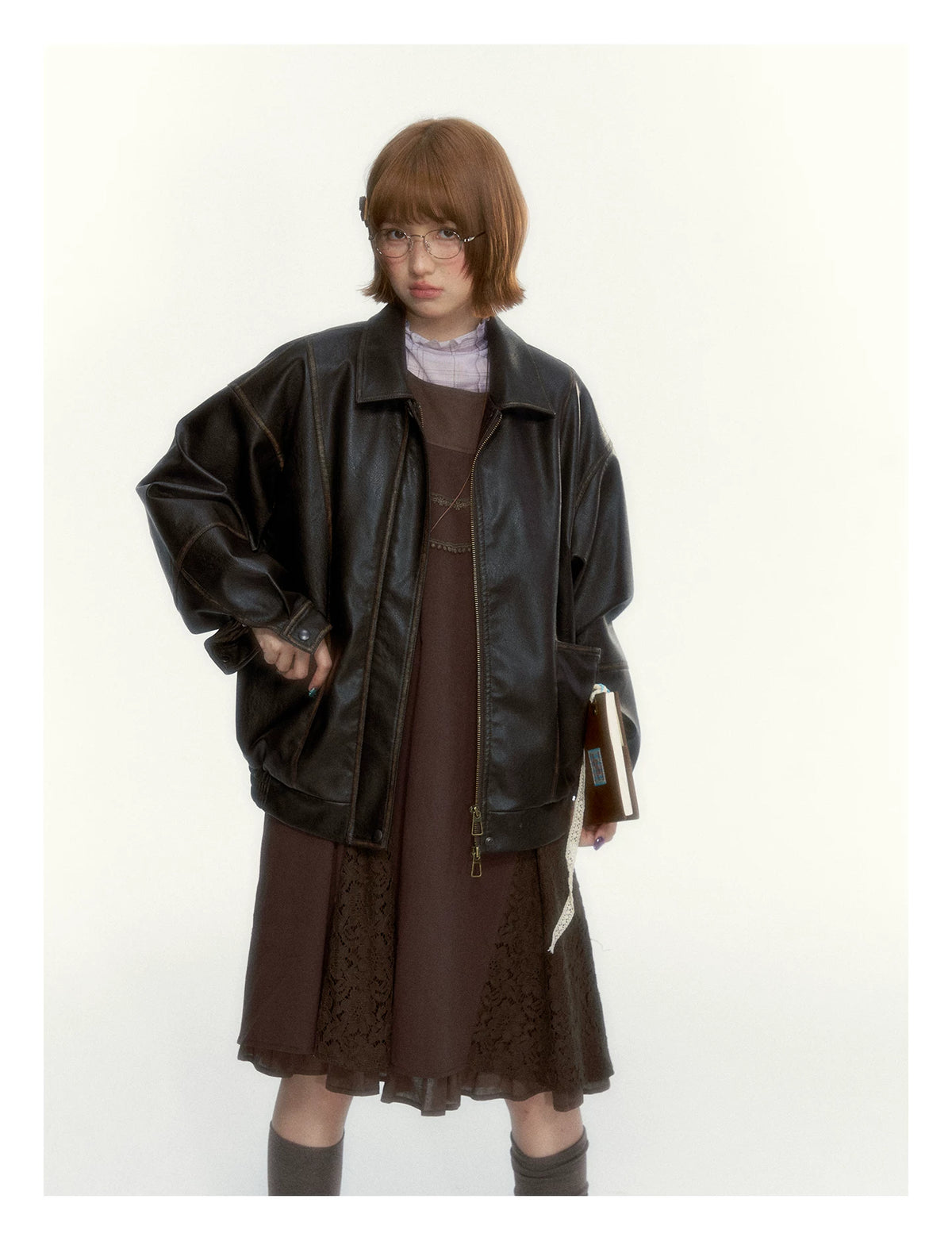 "Caramel Afterglow" Cocoa Brown Lace-Trim A-Line Dress Set with Purple Plaid Layering Top