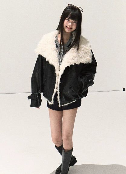 OAKMOO/ Cropped Faux Leather Shearling-Collar Jacket (Rich Black / Hazelnut Khaki)