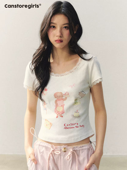 "Puppy Tea Notes" Lace Trim Knit Tee LL2026035