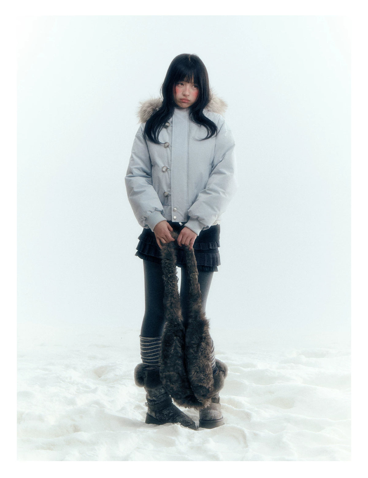Horridale - Mist Blue Hooded Down Jacket with Detachable Faux Fur Collar