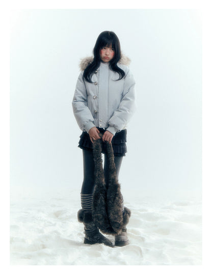 Horridale - Mist Blue Hooded Down Jacket with Detachable Faux Fur Collar