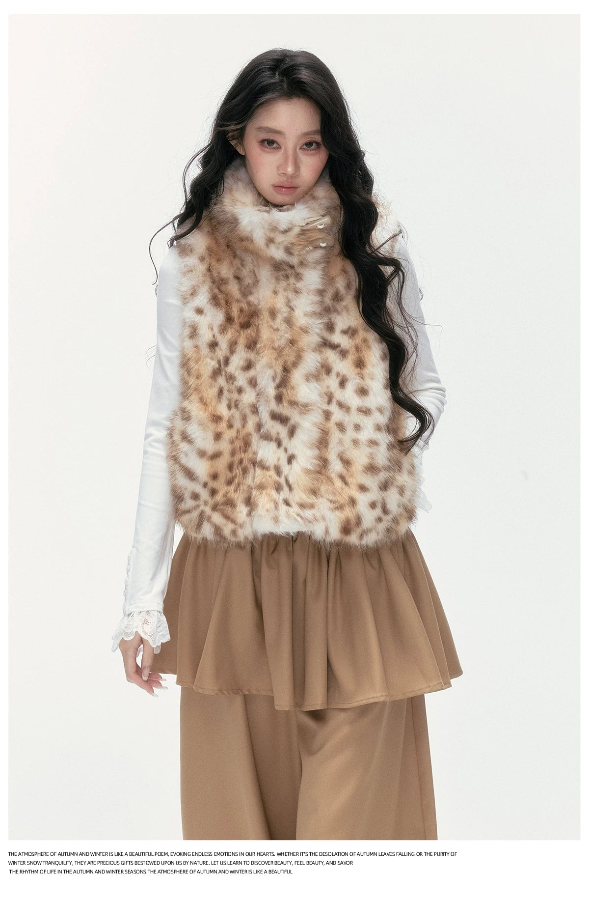 24olvides - Faux Fur Vest with Stand Collar and Toggle Closures (Creamy Leopard Print / Blue-Gray)