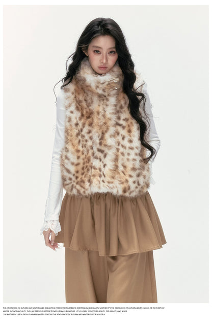 24olvides - Faux Fur Vest with Stand Collar and Toggle Closures (Creamy Leopard Print / Blue-Gray)