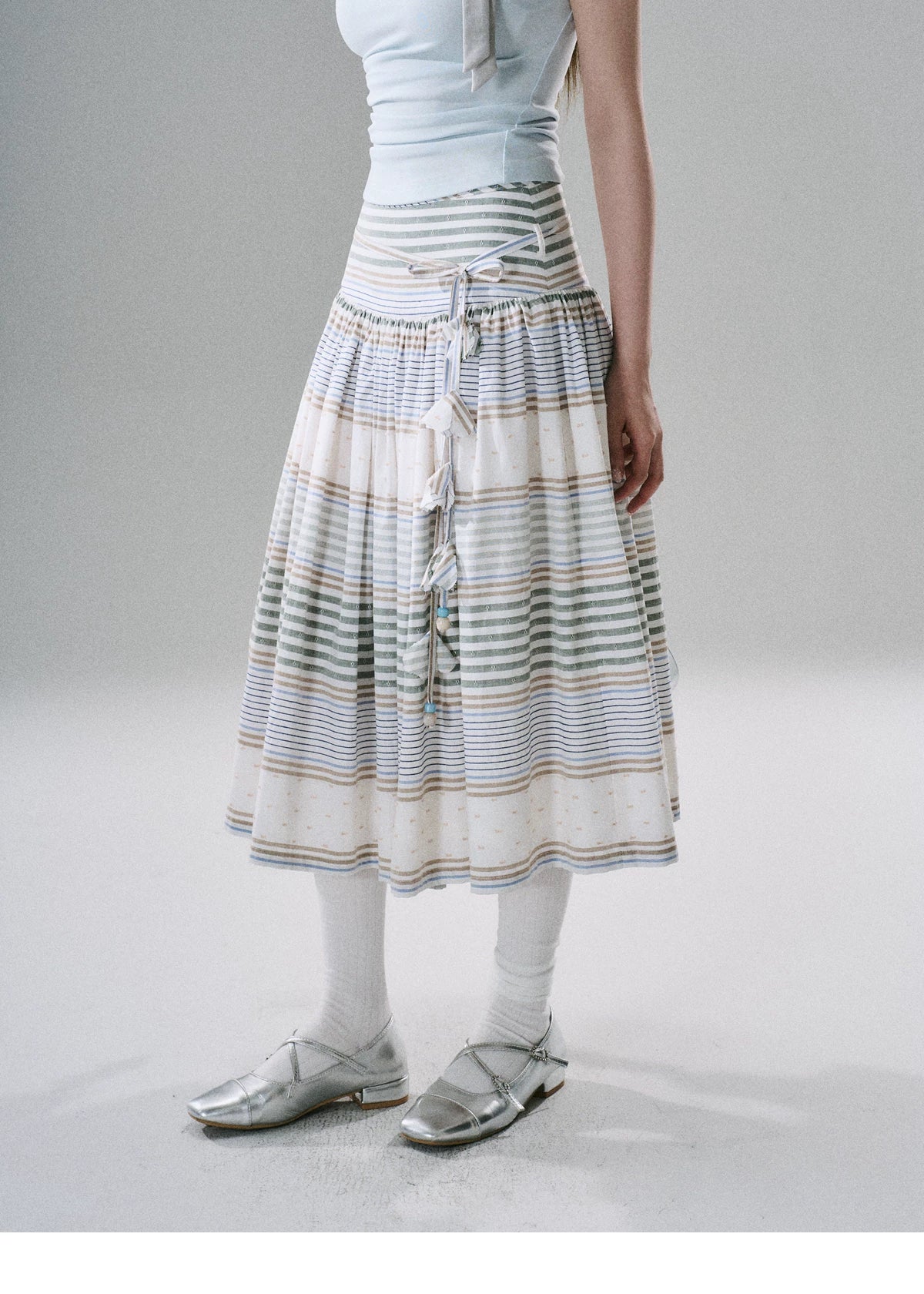 LOST FOREST - Flower Belt Striped Midi Dress (Natural Hemp / Blue Stripe / Orange Stripe)