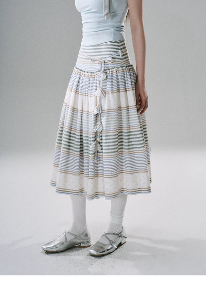 LOST FOREST - Flower Belt Striped Midi Dress (Natural Hemp / Blue Stripe / Orange Stripe)