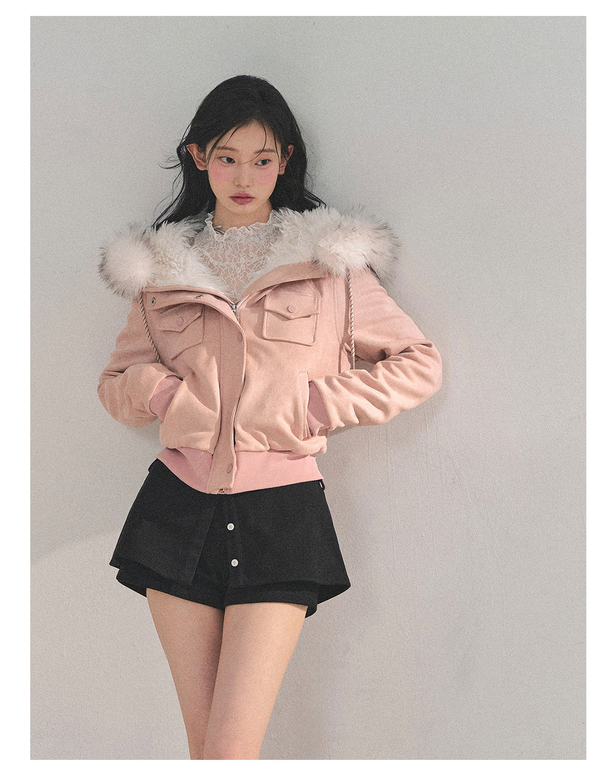 少也眼 “Snowvel Embrace” Hooded Sherpa Jacket - Cinnamon Pink 874351