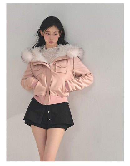 少也眼 “Snowvel Embrace” Hooded Sherpa Jacket - Cinnamon Pink 874351