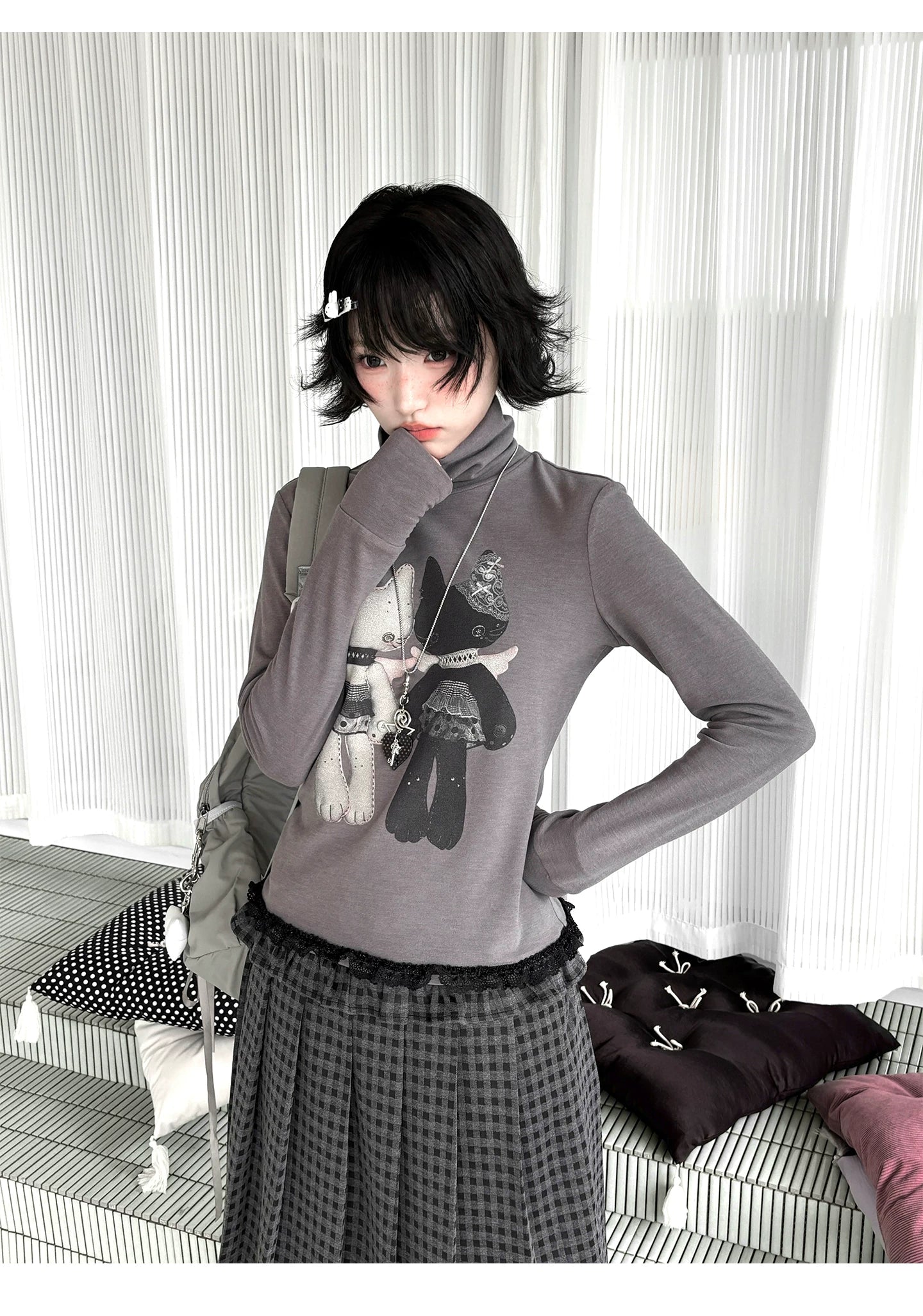 "Forgotten Corner" Mock Neck Gray Base Layer Top & Black Gray Plaid Skirt Set