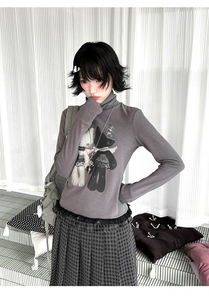 "Forgotten Corner" Mock Neck Gray Base Layer Top & Black Gray Plaid Skirt Set