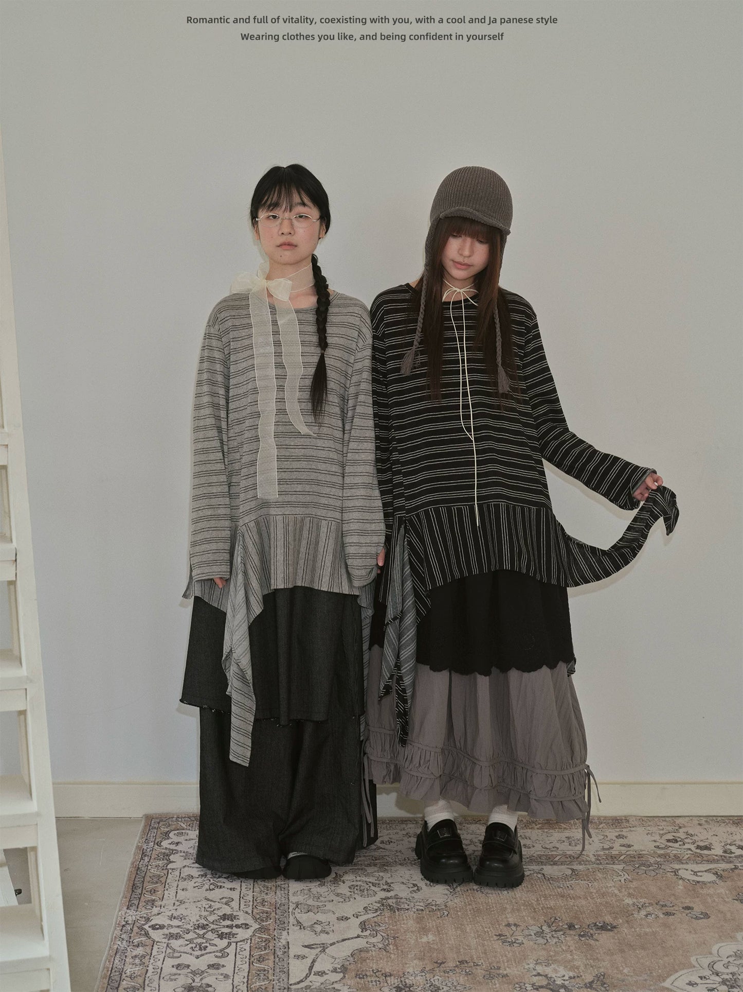 "Vintage Rhythm" Asymmetrical Knit Stripe Long Sleeve T-Shirt (Black / Gray)