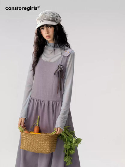 [CAN] "Violet Floral Bow" Purple Lace-Trim A-Line Pinafore Dress