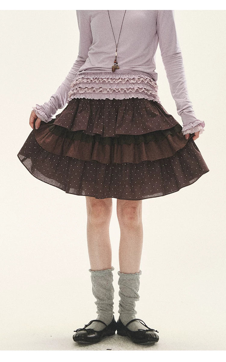 "Caramel Lace Notes" Brown Polka Dot Tiered Lace Midi Skirt