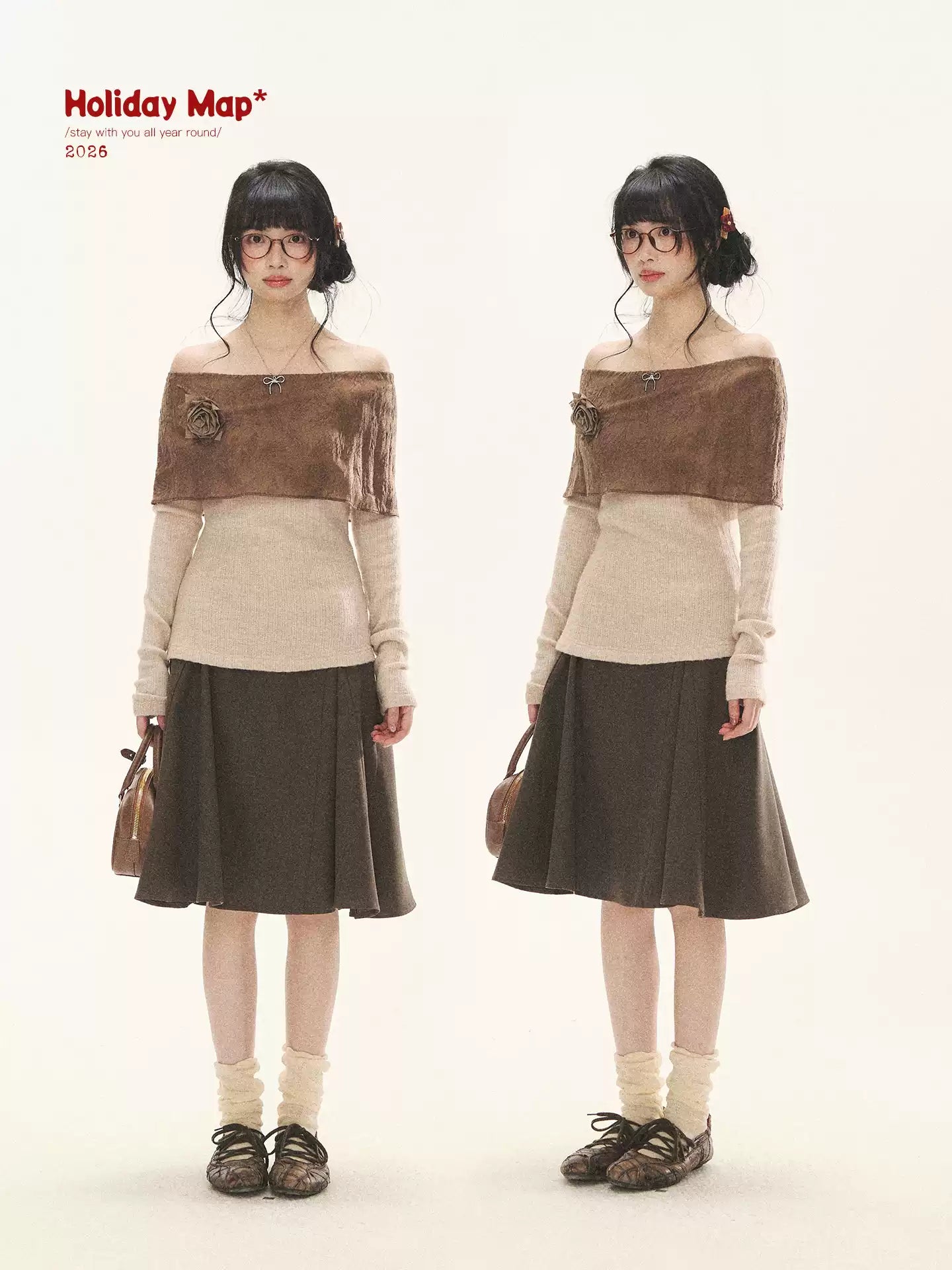 "Vintage Contrast" Brown Apricot Off-Shoulder Floral Knit Top