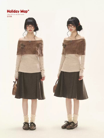 "Vintage Contrast" Brown Apricot Off-Shoulder Floral Knit Top