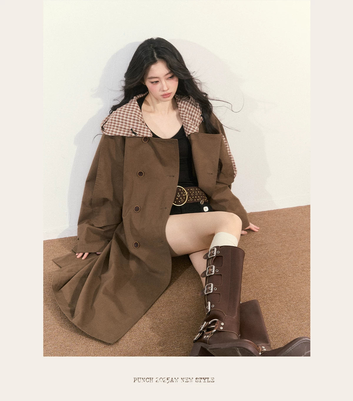 JN's DESIGN - Vintage Plaid Panel Hooded Trench Coat