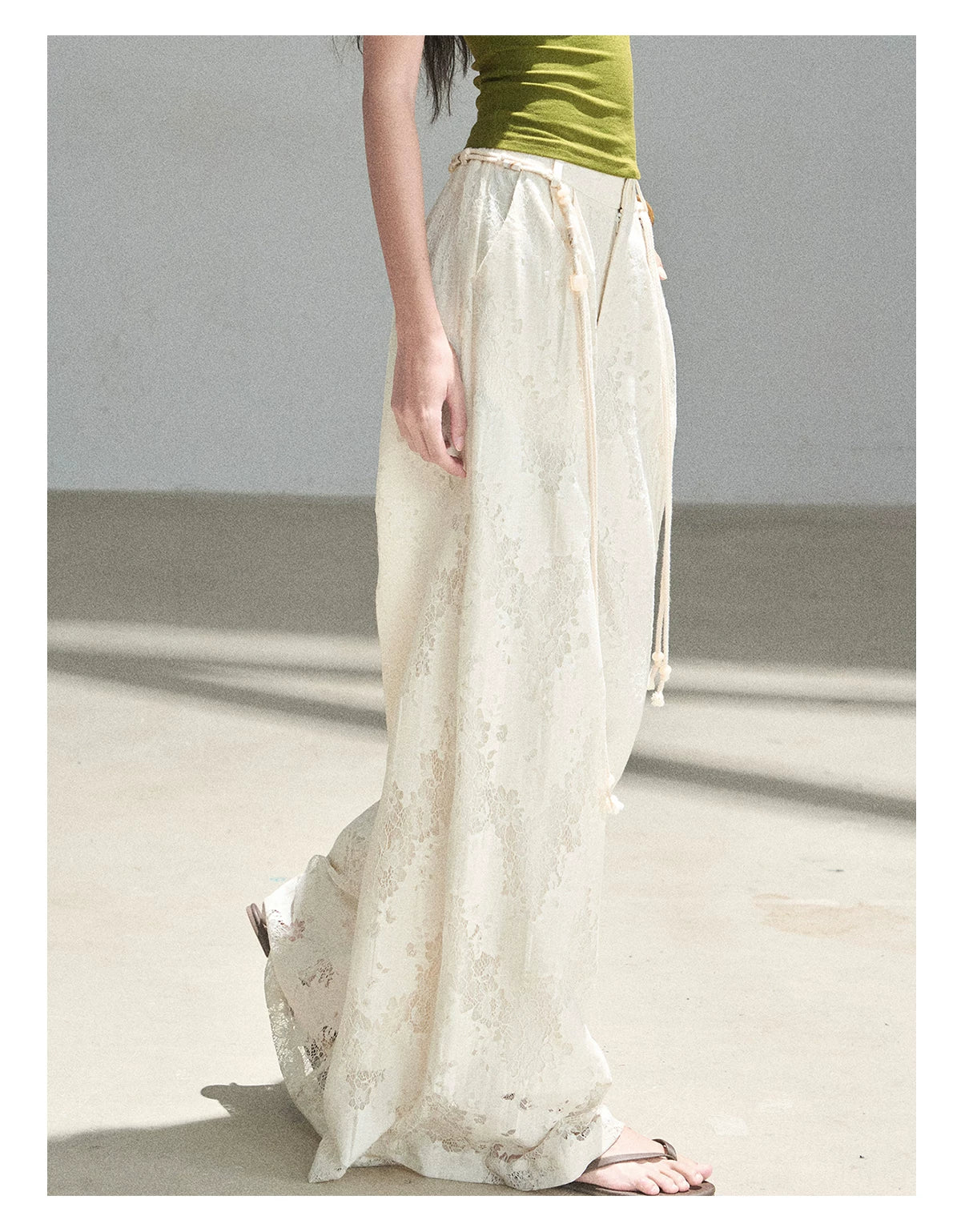 "A Love Letter to Sunlight" Dutch Cream Lace Wide-Leg Pants (With Matching Waist Rope)