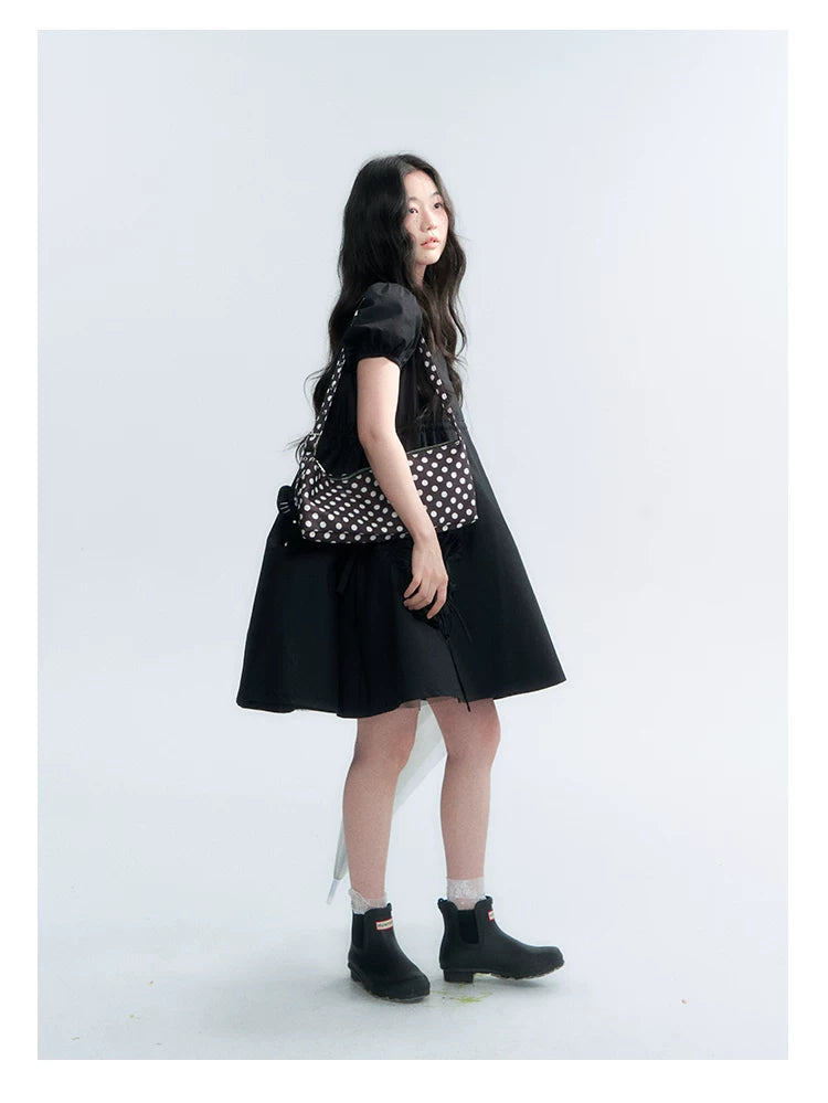"Puff Doll Dress" Ruffle Trim Puff Sleeve Cotton A-Line Dress (White/ Black)