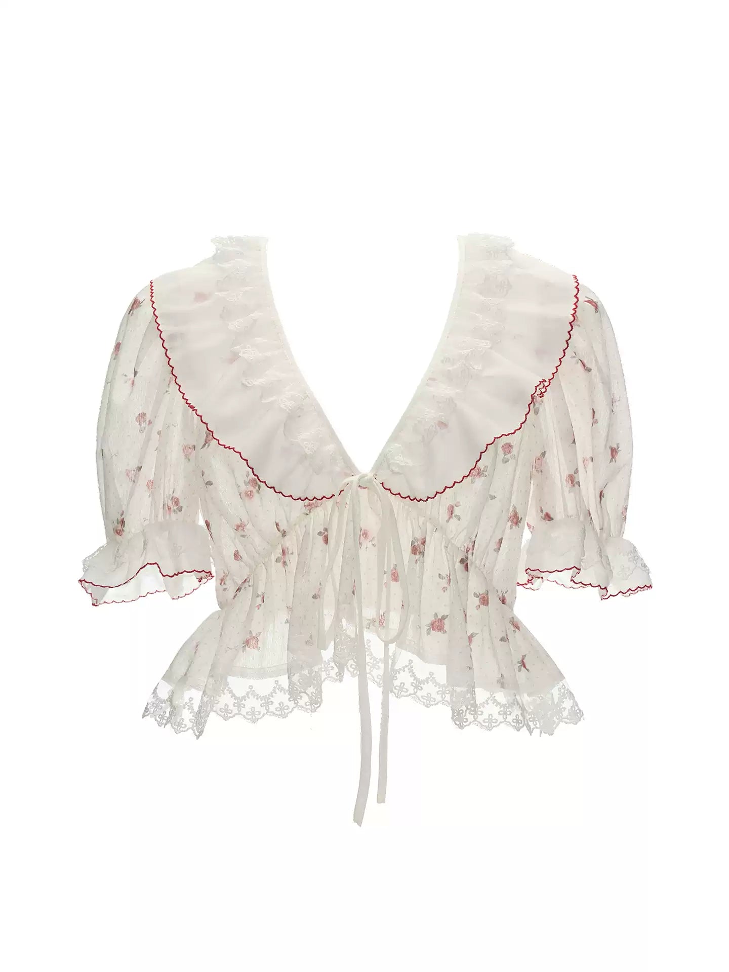 Polka Floral Ruffle Tie Puff Sleeve Top