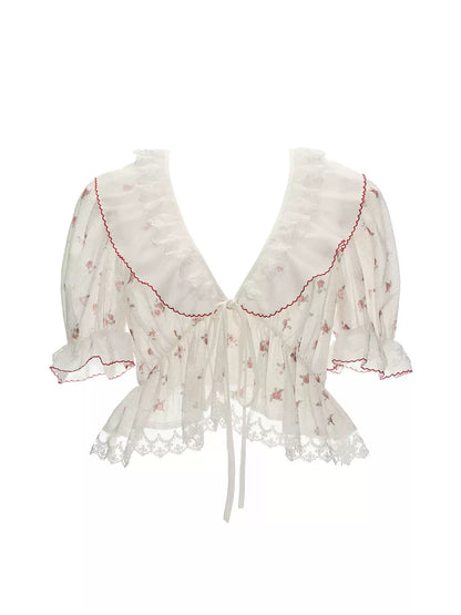 Polka Floral Ruffle Tie Puff Sleeve Top