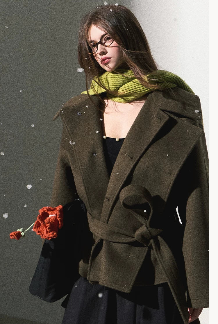 OAKMOO/ "The Flowers Are in Full Bloom" Jade Green Wool-Blend Short Belted Coat