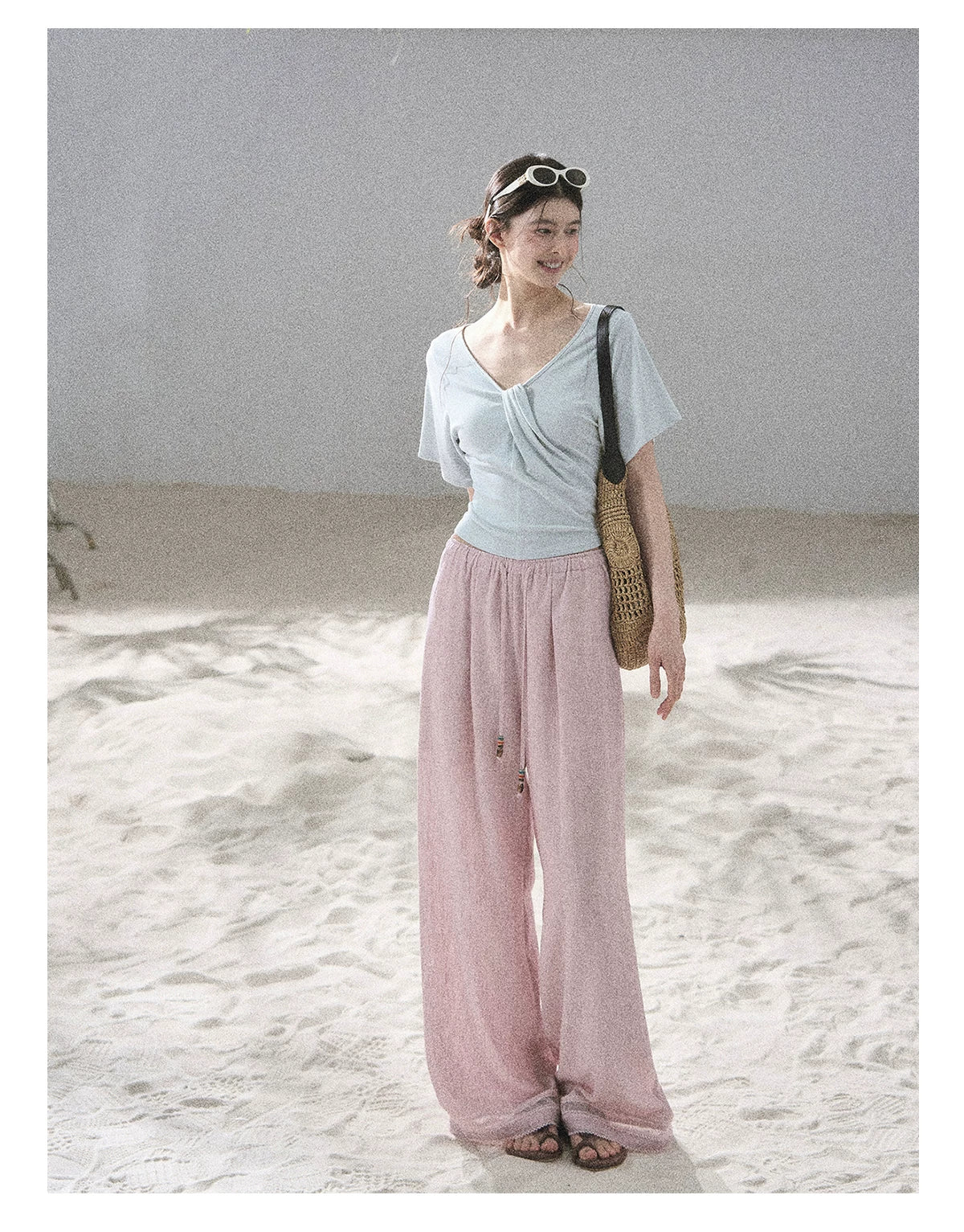 "Moonlight on Water" Twist-Front Cropped T-Shirt (Silver Mink Gray/ Mist Blue)