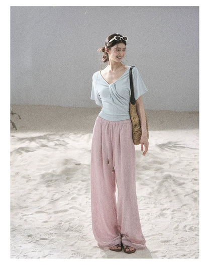 "Follow the Sea Breeze" Lightweight Straight-Leg Wide-Leg Pants (Lotus Pink/ Gray Sage Green/ Gray Blue)